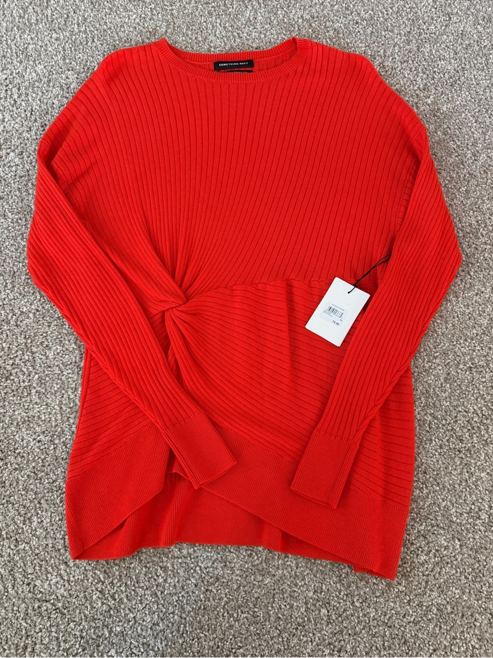 Something Navy Twist-Knot Ribbed Crew Sweater - Bright Red